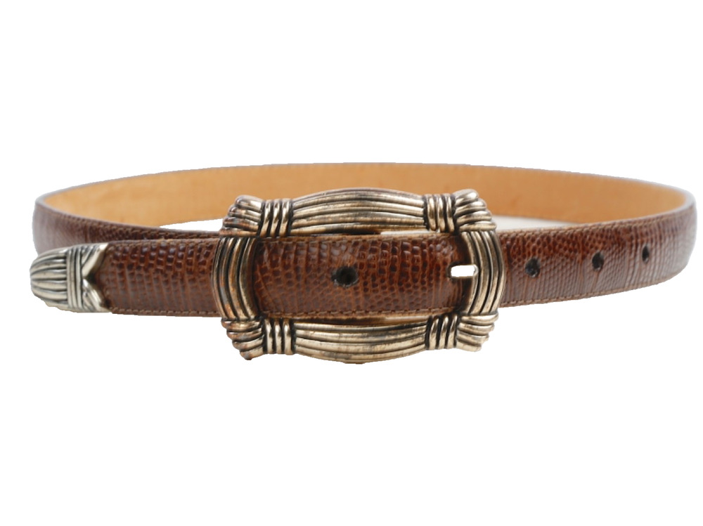 Vintage Brown Lizard Leather Skinny Belt Silver Ornate Western Buckle Tip Size S